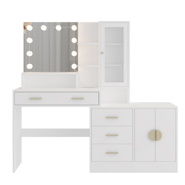 Large Makeup Vanity with Lights, Vanity Table with Charging Station, Vanity Desk with Mirror and 10 LED Light Bulbs, Makeup Table with Drawers and Storage Shelves and Cabinets, White