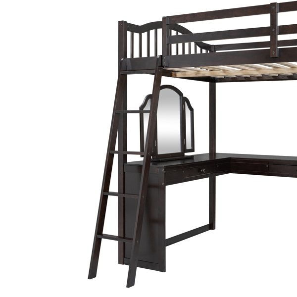 Full Wooden Loft Bed with U-shaped Desk,Storage Compartments and Tri-fold Mirror, Espresso 