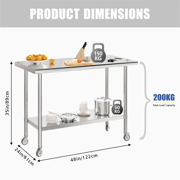 Generisch Küche Edelstahl Tisch, Edelstahl Regal mit 3 Regalen & Edelstahltisch mit Rollen, Servierwagen Edelstahl Unterstützung 150KG, Edelstahl Tisch für Restaurant Haus Hotel (122 * 61 * 89cm)