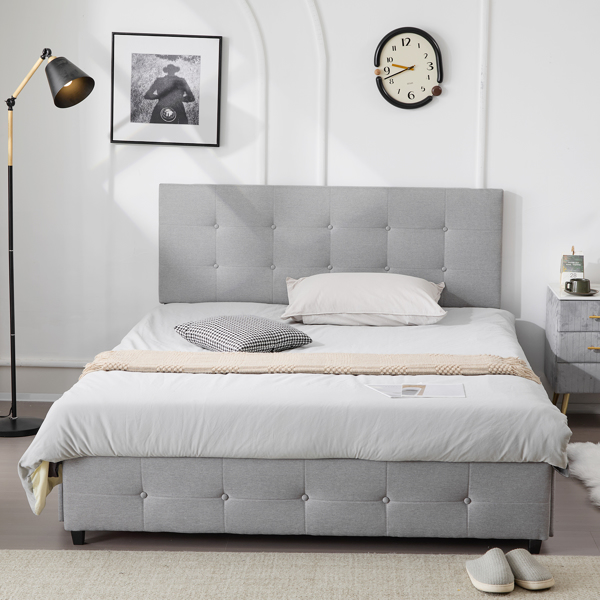 Upholstered Queen Platform Storage Bed Frame with 4 Drawers, Adjustable Headboard with Button Tufted Design, Wooden Slat Support, No Box Spring Needed, Light Grey