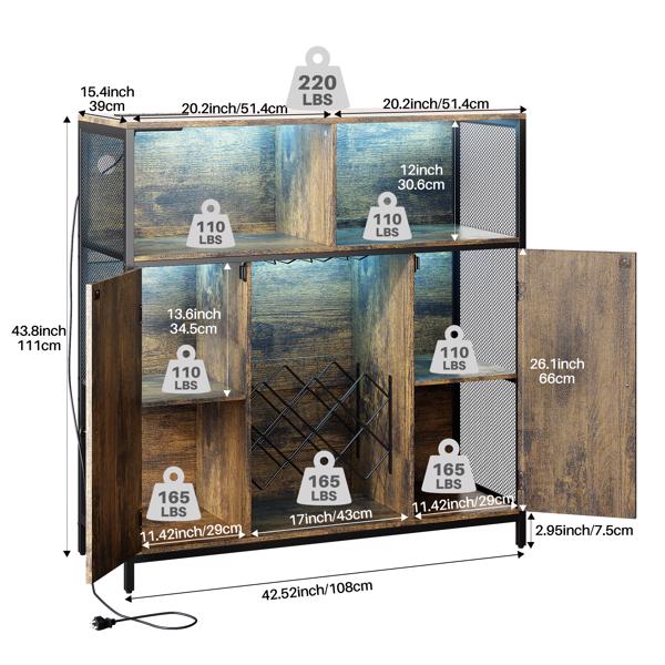 Generisch Weinschrank mit Ladesteckdose, Barschrank Vintage mit LED Licht, küchenschrank & Sideboard mit Weinregal aus Metall, 6 Fächer, 108x39x111 cm (Rustikales Braun)