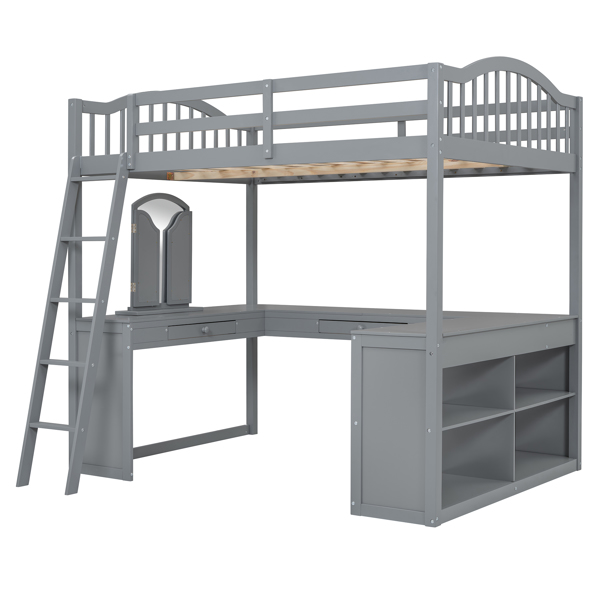 Full Wooden Loft Bed with U-shaped Desk,Storage Compartments and Tri-fold Mirror, Gray 