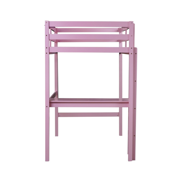 Twin High Loft Bed, Rubber Wood Loft Bed with Safety Guardrail, built-in desk, ladder,Pink 