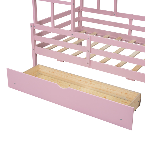 Wood Twin Size House Platform Bed with Guardrail and Drawer, Pink