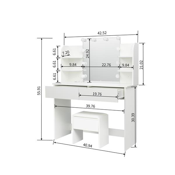 Modern Dressing table with 2 Drawers, 4 open shelves Rectangular Makeup Table with Mirror, 10-lamp bulb,,42.52*15.75* 52.76inch,for Bedroom