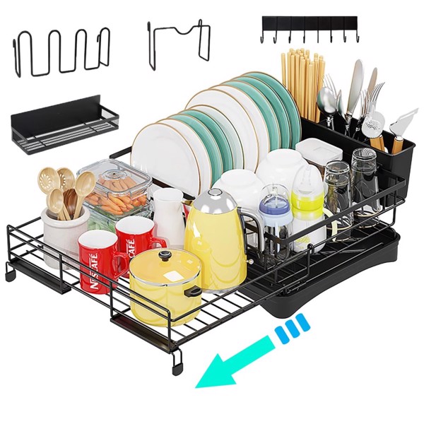 2-in-1 Expandable Dish Drying Rack Kit, Stainless Steel Dish Rack Set with Utensil Holder, Cutting Board Holder, Cup Holder, Magnetic Spice Rack and Metal Hook for Fridge