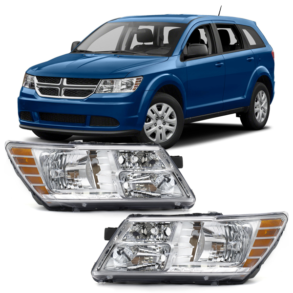 Headlights Assembly Fit for 2009-2018 Dodge Journey, Driver and Passenger Side Headlamp, Chrome Housing with Amber Reflector, BULBS NOT INCLUDED