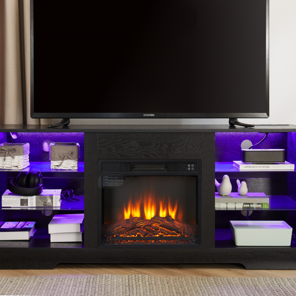 TV Stand Electric Fireplace Glass Shelves, 3D Fireplace TV Stand with LED Lights Wood with USB Charging Outlet Modern Television Table Center for TV up to 62" Black 58''W*15.5''D*24.4 