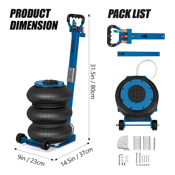 Air Jack, 3 Ton/6600 lbs Triple Bag Air Jack, Air Bag Jack Lift Up to 15.75 Inch, 3-5S Fast Lifting Air Bag Jack for Cars with Adjustable Long Handle