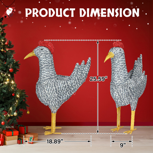 2FT Lighted Christmas Rooster Outdoor Decoration, Weather Proof Plush Rooster Christmas Ornament Home Decor Pre-lit 50 LED White Lights with Stakes