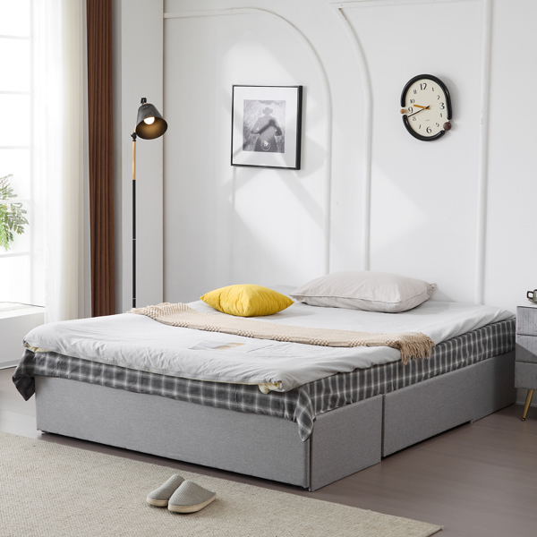 Full Bed Frame with 3 Large Drawers, Fabric Upholstered Platform Bed, Wooden Slat Support, No Box Spring Needed, Easy Assembly, Light Grey