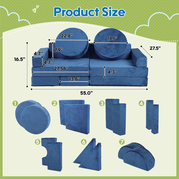 14 pcs Kids Sofa Modular Play Couch Convertible Toddlers Couch Set Furniture Sofa Set for Bedroom and Playroom,Blue