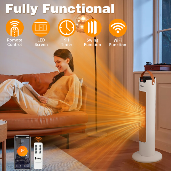 ZOKOP 24" Tower Space Heater, 1500W Smart Electric Heater with Thermostat, WiFi APP & Remote Control, 60° Oscillation, 9H Timer, for Indoor Bedroom Office Home, White