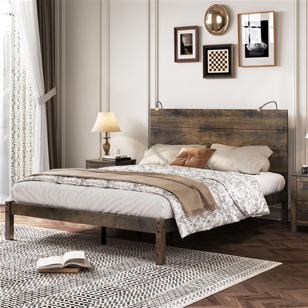 Farmhouse Wooden Platform Queen Size Bed, Modern Platform Bed with Two Bedside Lights, Antique Walnut