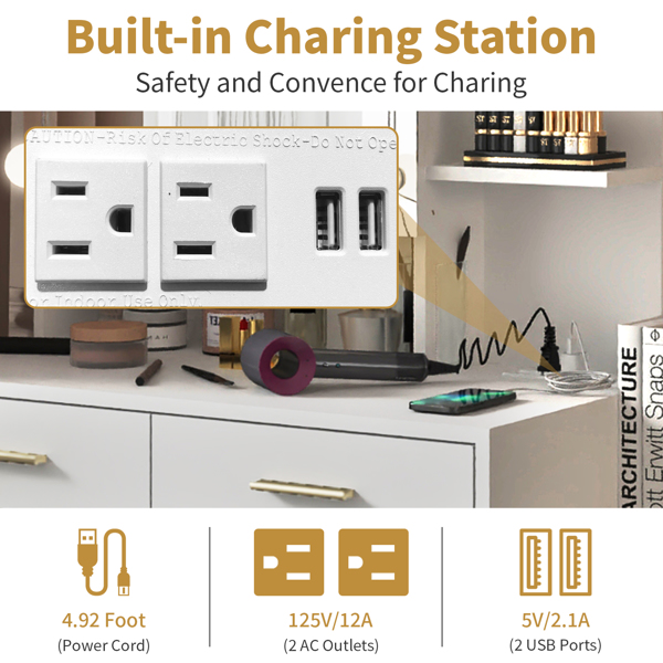 Large Makeup Vanity with Lights, Vanity Table with Charging Station, Vanity Desk with Mirror and 10 LED Light Bulbs, Makeup Table with Drawers and Storage Shelves, White