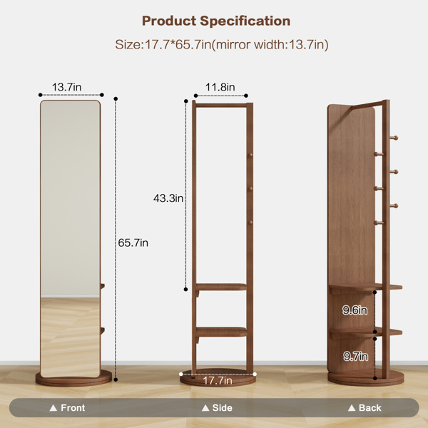 Full-length mirror solid wood + rubber wood + glass, 65.7*17.7in(mirror width:13.7in) Large mirror for viewing the whole body, easy to dress and tidy up and place in the bedroom/living room (Walnut) 