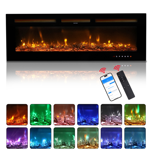 ZOKOP 50" Smart WiFi Electric Fireplace Insert, 1500W Wall Recessed/Mounted, Freestanding Fireplace Heater with Remote Control, 12 Color Adjustable Flames, Thermostat, 8H Timer, 5 Brightness Settings