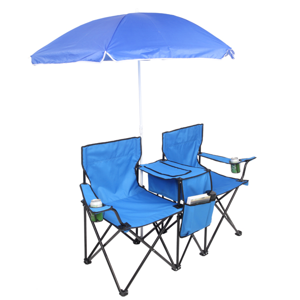 Portable Outdoor 2-Seat Folding Chair with Removable Sun Umbrella Blue