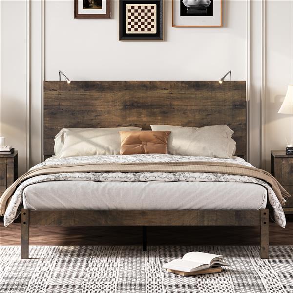 Farmhouse Wooden Platform Queen Size Bed, Modern Platform Bed with Two Bedside Lights, Antique Walnut