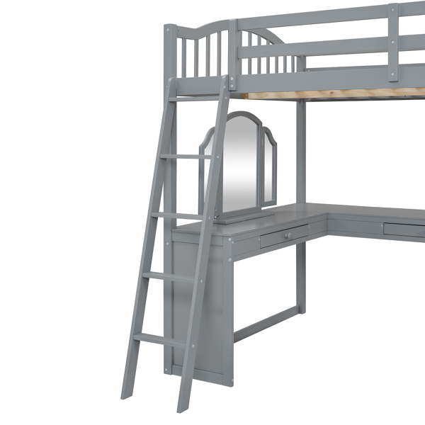 Full Wooden Loft Bed with U-shaped Desk,Storage Compartments and Tri-fold Mirror, Gray 