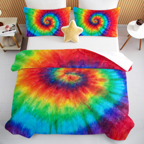 Tie Dye Comforter Set Full Size Rainbow Bedding for Girls 3 Piece Boho Colorful Fluffy Quilt Set for Teen Kids 3pc Tie Dye Bedspreads (Orange Blue Green) （Maybe Shipment from FBA）