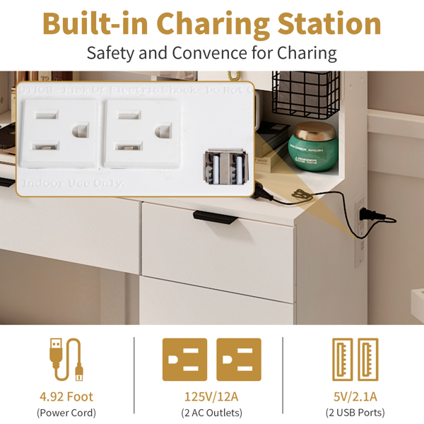 Large Vanity Table Set with LED Lighted Mirror and 2 DIY Pegboards, 5 Hooks, Vanity Desk with Charging Station, Makeup Table with Drawers, Storage Shelves and Cabinets, Cushioned Stool for Bedroom