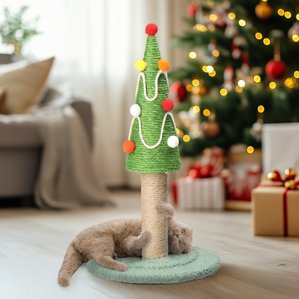 22in Christmas Tree Scratching Post, Cute Cat Scratcher with Natural Sisal Covered Frame & Colorful Little Balls for Indoor Cats