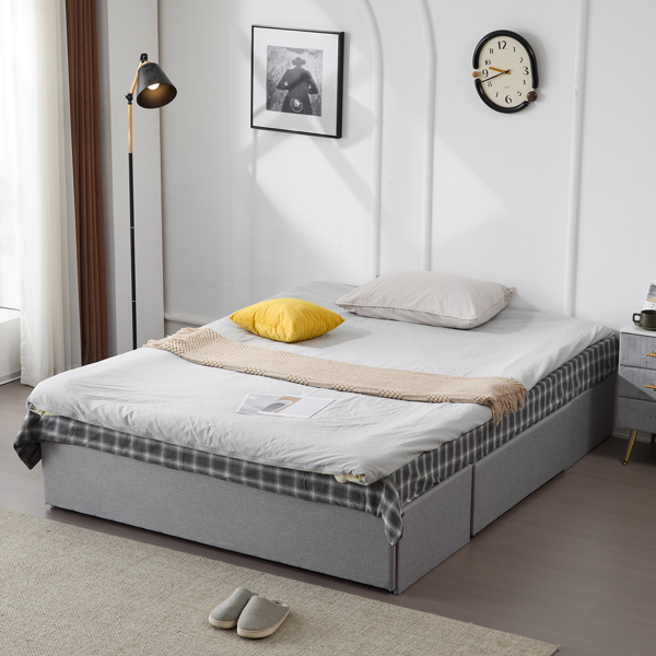 Full Bed Frame with 3 Large Drawers, Fabric Upholstered Platform Bed, Wooden Slat Support, No Box Spring Needed, Easy Assembly, Light Grey