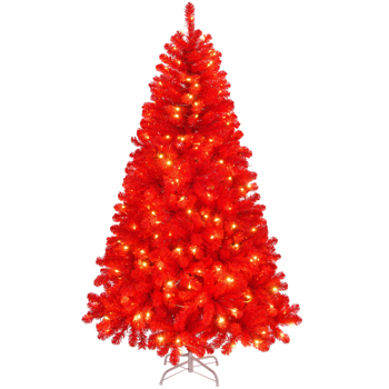 6 FT Artificial Christmas Tree with DIY 100 Warm Lights Battery Operated, 750 Branch Tips and Sturdy Metal Stand, Red