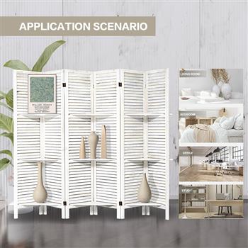 Room Divider with Shelves, 6 Panel Room Dividers and Folding Privacy Screens, Partition Room Divider Temporary Wall, Freestanding Room Divider for Home Office Studio Apartment (White)