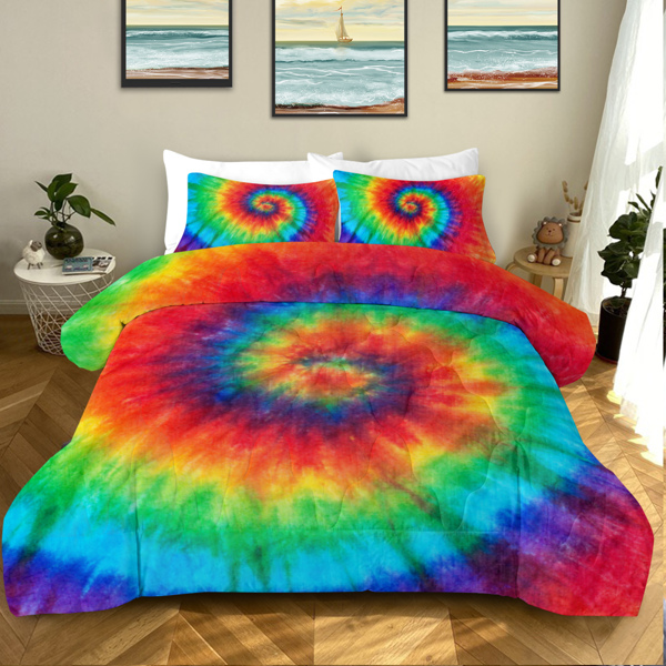 Tie Dye Comforter Set Full Size Rainbow Bedding for Girls 3 Piece Boho Colorful Fluffy Quilt Set for Teen Kids 3pc Tie Dye Bedspreads (Orange Blue Green) （Maybe Shipment from FBA）