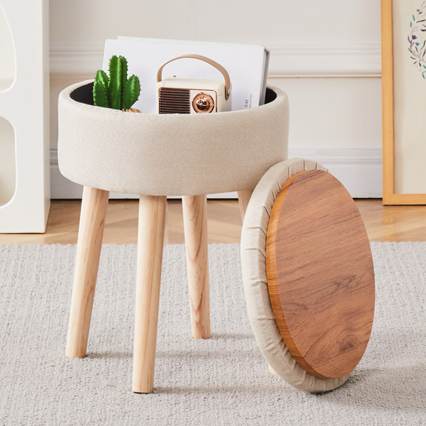 Storage Ottoman Linen Round Vanity Stool Tray Top Modern Foot Stool with Wood Legs Multifunctional Upholstered Foot Ottoman Rest for Living Room, Bathroom, Makeup Beige