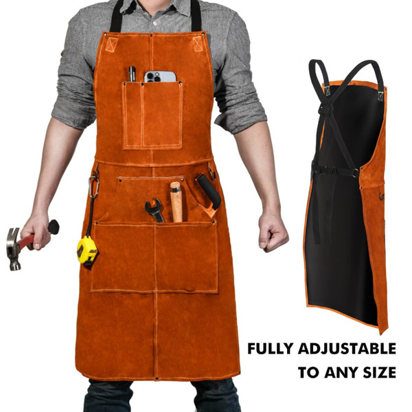 Work area apron with 6 tool bags, heat-resistant and flame-retardant, durable, heavy-duty welding apron, suitable for both men and women, 37.8in * 26in (Brown)