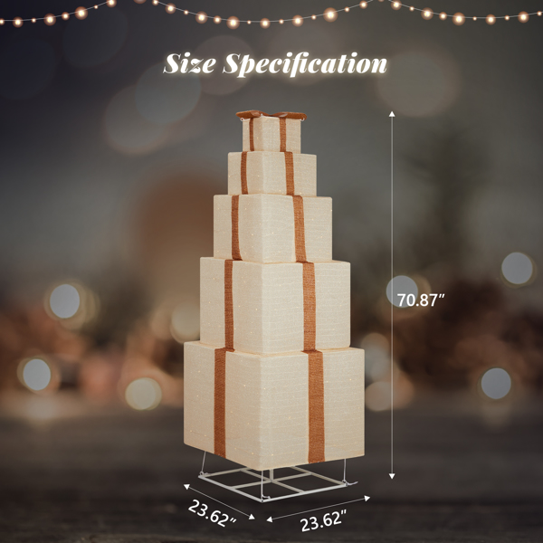 6FT Lighted Gift Box Tower, Pre-lit Pull Up Present Boxes with 200 LED Warm White Lights and Ropes Stakes for Christmas Outdoor Indoor Decorations Lighted Holiday Displays, Beige