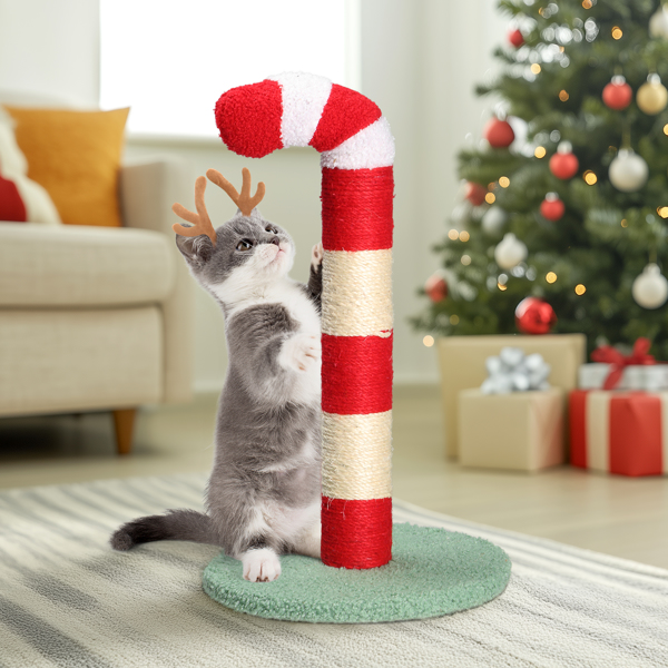 Christmas Cat Scratching Post, Cute Candy Cane Cat Scratcher with Sisal Scratching Post & Soft Plushy Covering for Indoor Cats