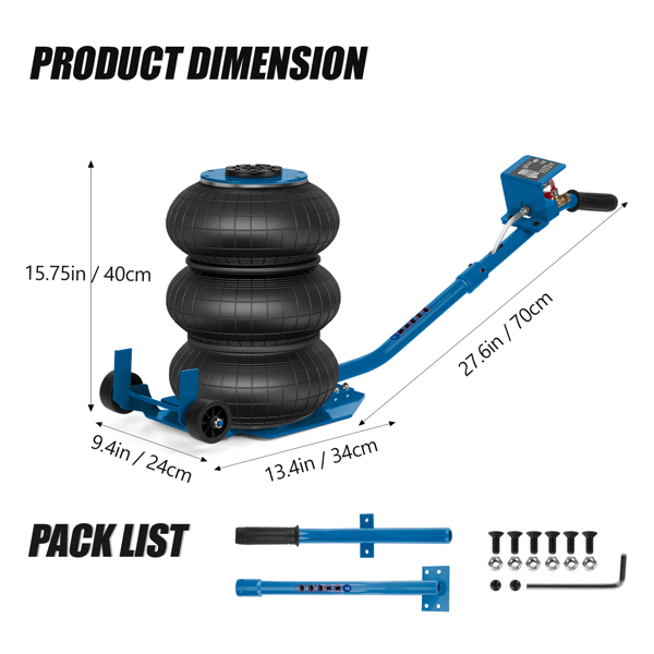 Air Jack, 3 Ton/6600 lbs Triple Bag Air Jack, Air Bag Jack Lift Up to 15.75 Inch, 3-5S Fast Lifting Air Bag Jack for Cars with Adjustable Long Handle