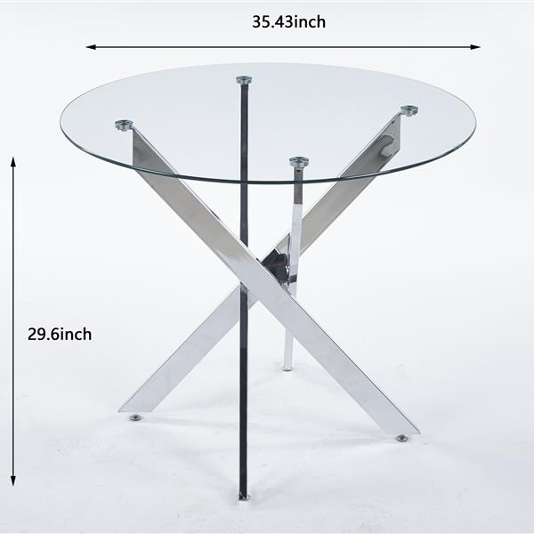 Dining Table with cross metal leg and tempered glass,Modern Space Saving Kitchen Table for Living Room,chrome legs