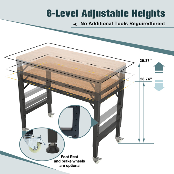 48" Heavy-Duty Adjustable Workbench for Garage, Rubber Wood Shop Table with Metal Wheels, Hardwood Work Benches over 2000 Lbs Capacity with Wheels