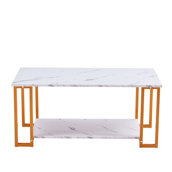  Coffee Table, 2 Layers 1.5cm Thick Marble MDF Rectangle 39.37" L Tabletop Iron Coffee Table , Dining Room, Coffee Shop, Resterant, White Top, Gold Leg 