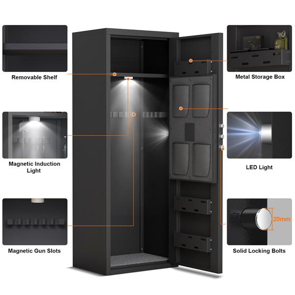 Full steel large capacity detachable firearm safety cabinet, electronic key password lock, with magnetic induction light, dual alarm system, adjustable stock, silent design, storing 5-8 firearms