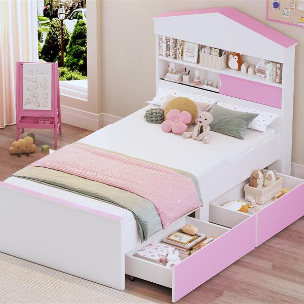 Twin Size House-Shaped Wooden Bed with Storage Shelf on the Headboard, Built-in Two Storage Drawers, Pink