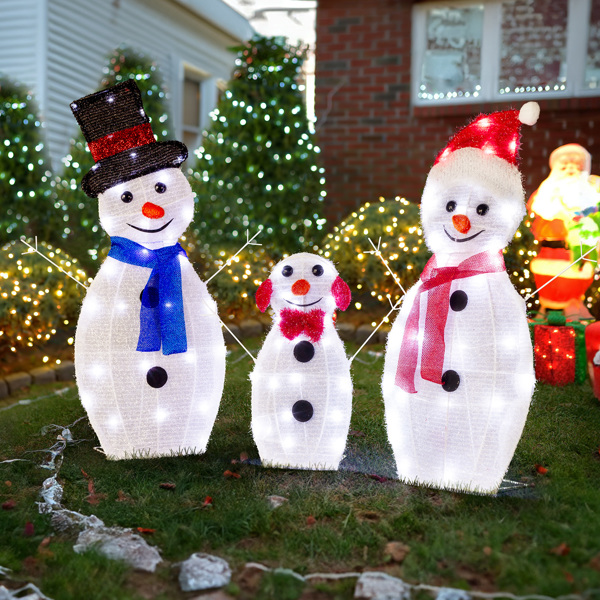 Lighted Snowman Christmas Yard Decorations, Set of 3 Pre-lit 2D Snowman Family with 80 LED White Lights and Stakes for Xmas Outdoor Holiday Indoor Decor Lighted Holiday Displays