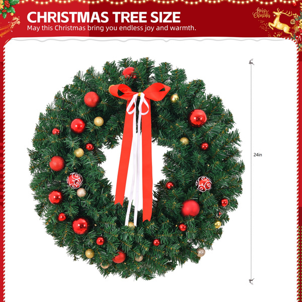 24in Pre-lit Battery Powered Christmas Wreath, Lighted Artificial Xmas Wreath with 50 Warm Lights and 80 PVC Tips and 14 DIY Ornaments, for Front Door Gate Wall Xmas Party Decorations