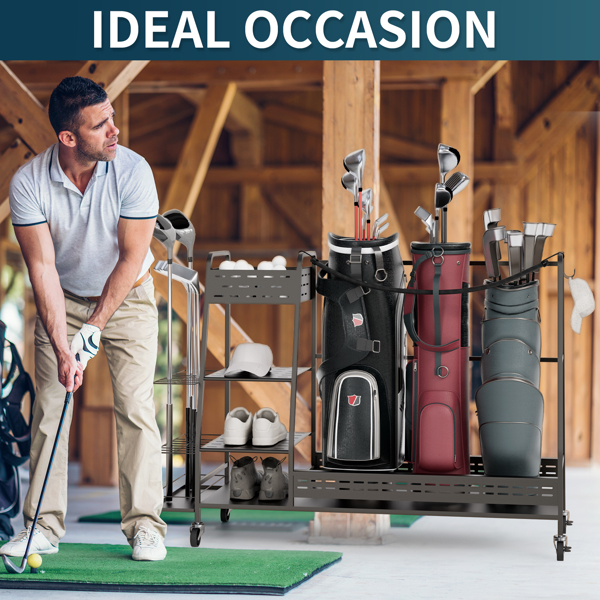 Golf Bag Organizer for Garage, Golf Bag Stand Fit 3 Golf Bags and Golf Equipment Accessories, Golf Club Rack with Shelf and Lockable Wheels, for Garage Home Simulator and Office