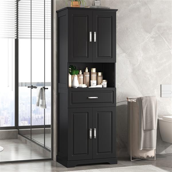 Tall Bathroom Cabinet with Four Doors, Large Storage Space Open Shelve, Upper Storage Cabinet, Black