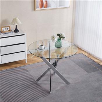 Dining Table with cross metal leg and tempered glass,Modern Space Saving Kitchen Table for Living Room,chrome legs