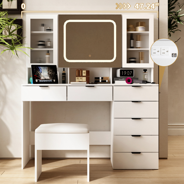 Large Vanity Table Set with LED Lighted Mirror, Vanity Desk with Charging Station, Makeup Table with Glass Doors, Drawers and Storage Shelves, Cushioned Stool for Bedroom, White