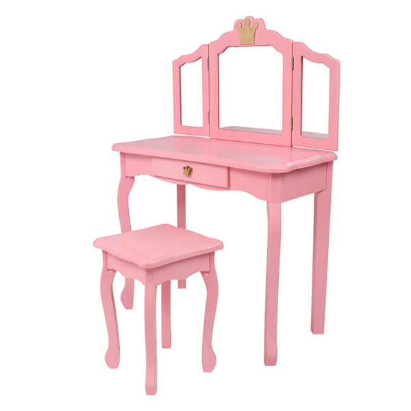 Children's Wooden Dressing Table Three-Sided Folding Mirror Dressing Table Chair Single Drawer Pink Crown Style