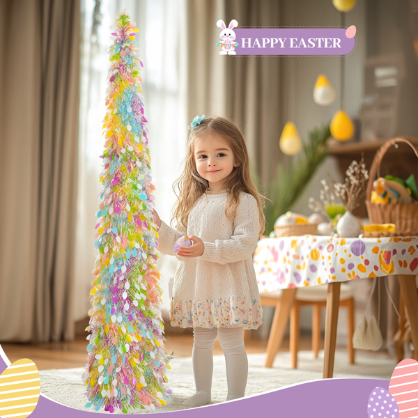 Easter Tree Decorations, 4 FT Artificial Pop Up Easter Pencil Tree with Colorful Eggs Sequins for Easter Spring Party Home Fireplace Decor