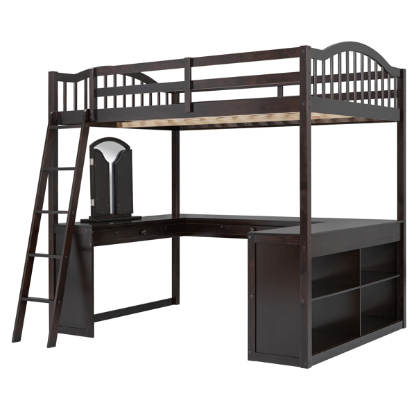 Full Wooden Loft Bed with U-shaped Desk,Storage Compartments and Tri-fold Mirror, Espresso 